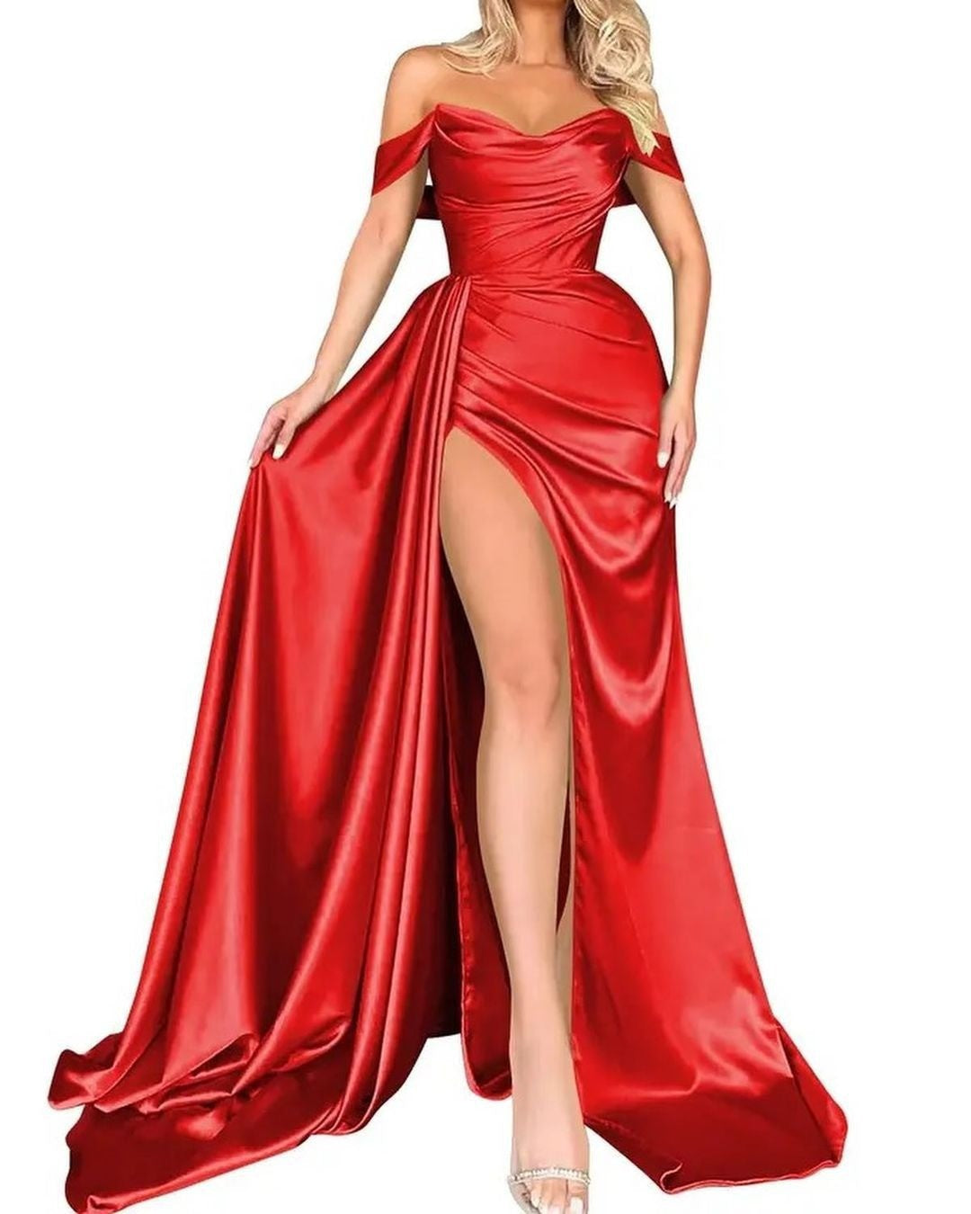 Women's off-the-shoulder evening dress with high leg slit and voluminous skirt, size [size missing]