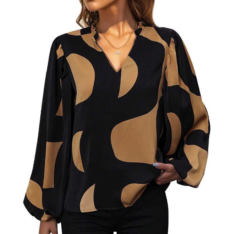 Women's blouse with fashionable V-neck and unique pattern, size