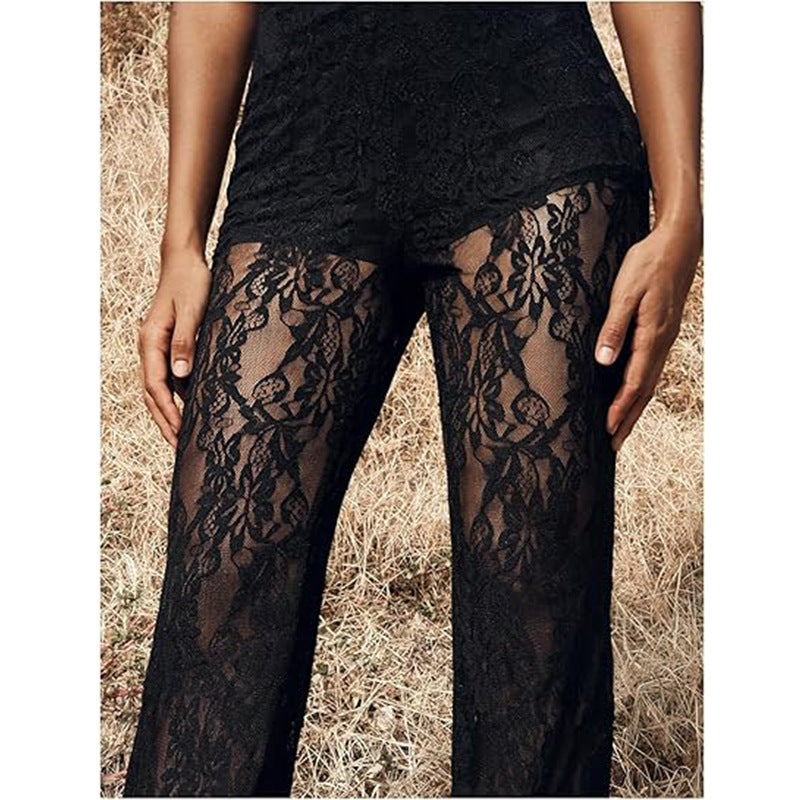 Elegante Damen-Spitzenhose mit hoher Taille und weitem Bein, Größe