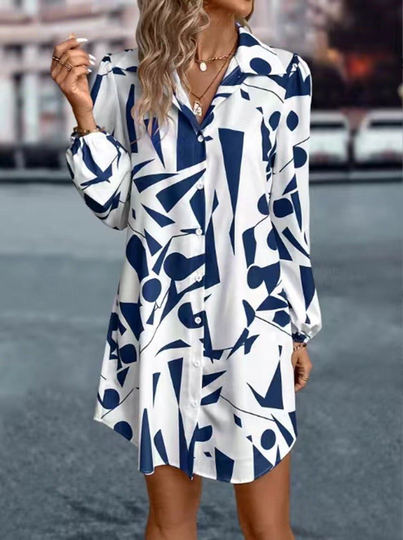 Women's shirt dress with modern geometric print and practical button details Drune