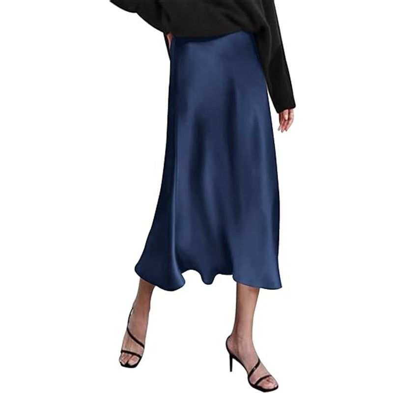 Women's elegant midi skirt in satin viscose with a flowing drape, size Valenzora