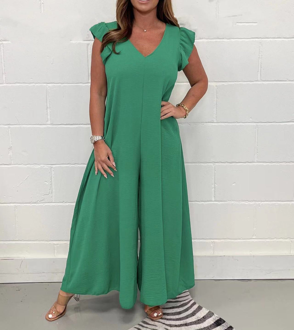 Exklusiver Damen-Jumpsuit mit voluminösen Rüschenärmeln und V-Ausschnitt, Größe S