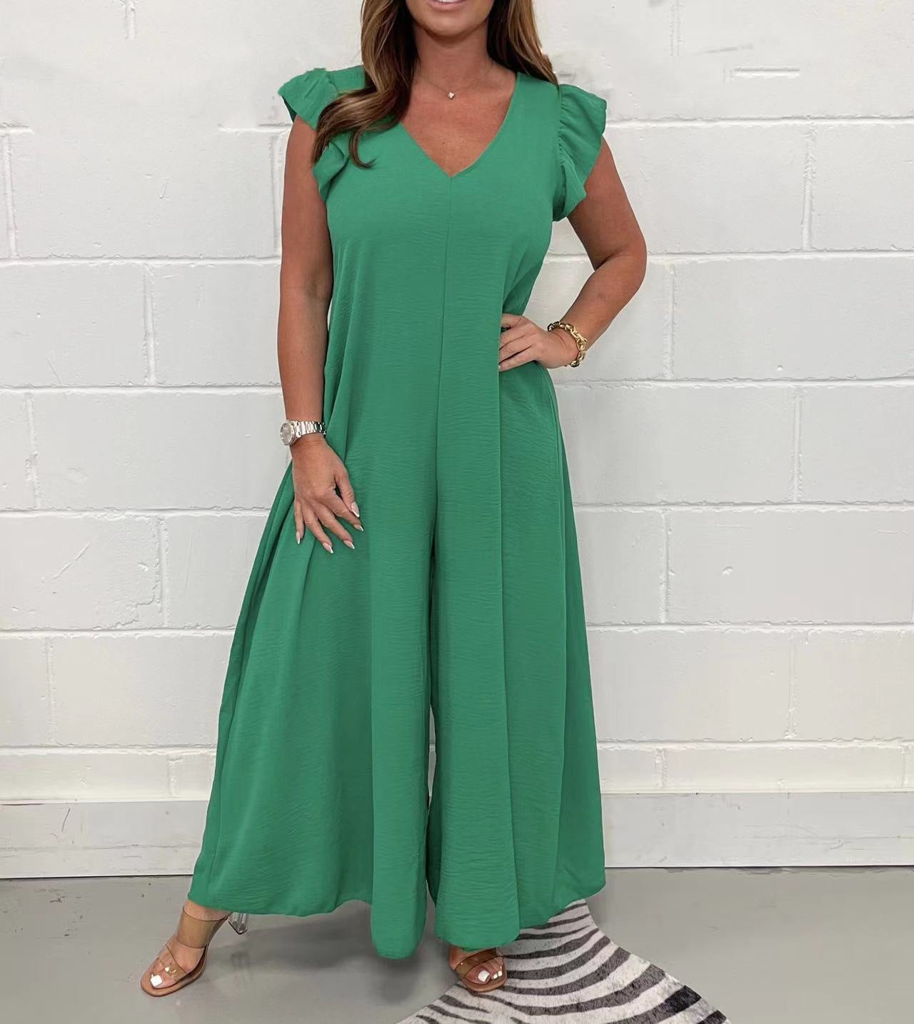 Exklusiver Damen-Jumpsuit mit voluminösen Rüschenärmeln und V-Ausschnitt, Größe S