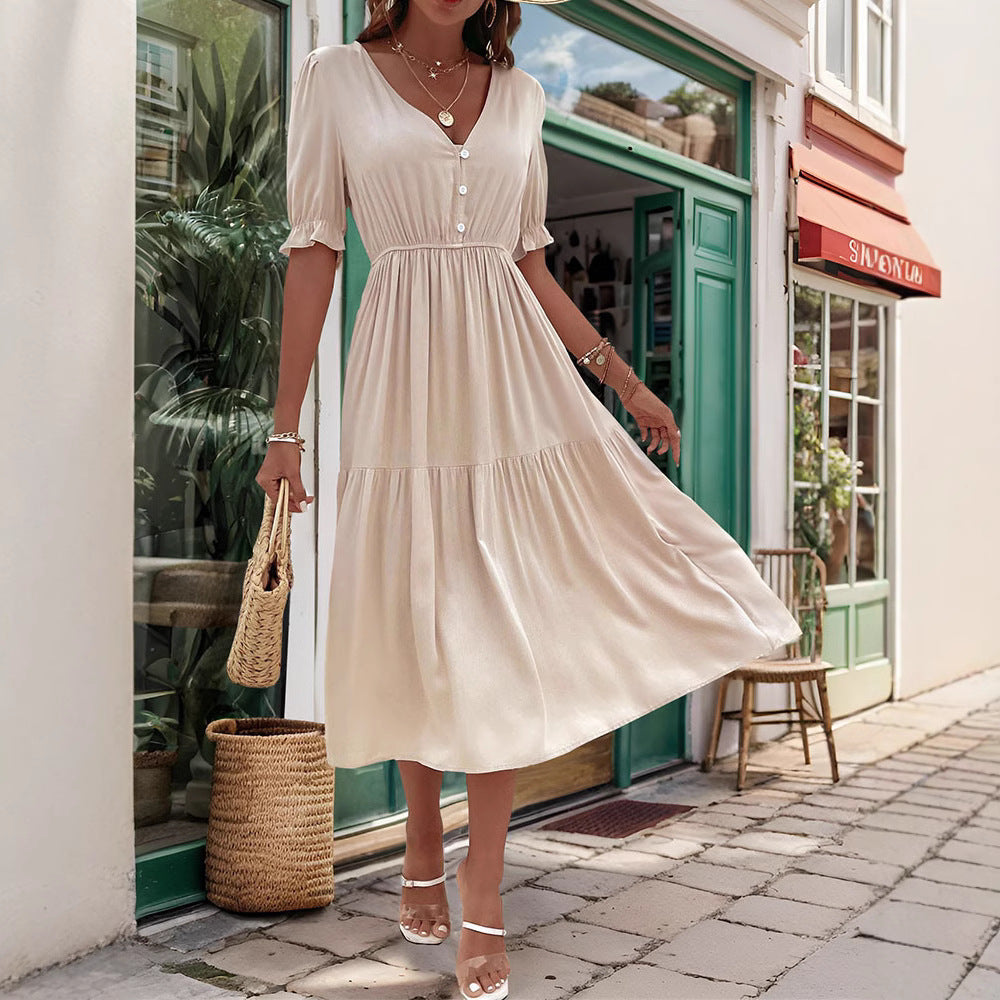 Damen-Midikleid mit geknöpftem V-Ausschnitt und luftigen Puffärmeln, Größe