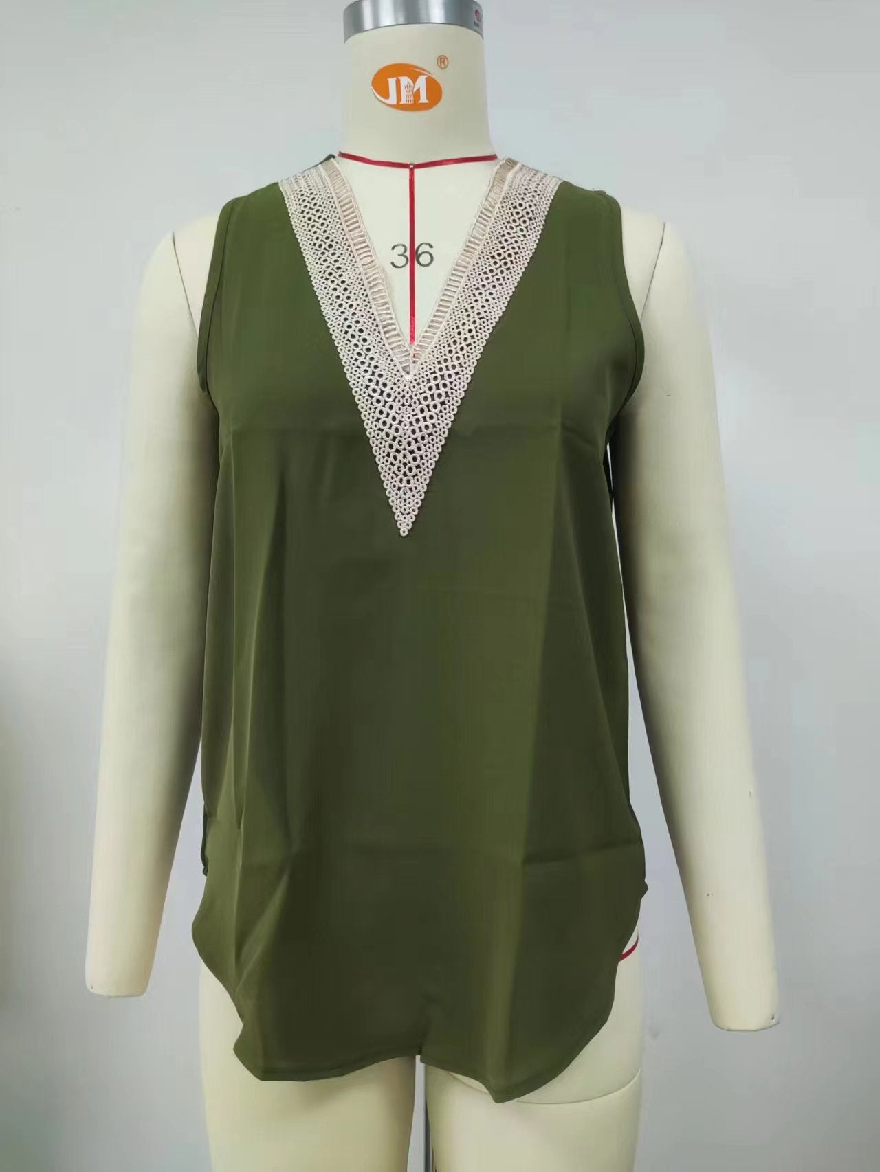 Women's sleeveless top with delicate crochet neckline, size