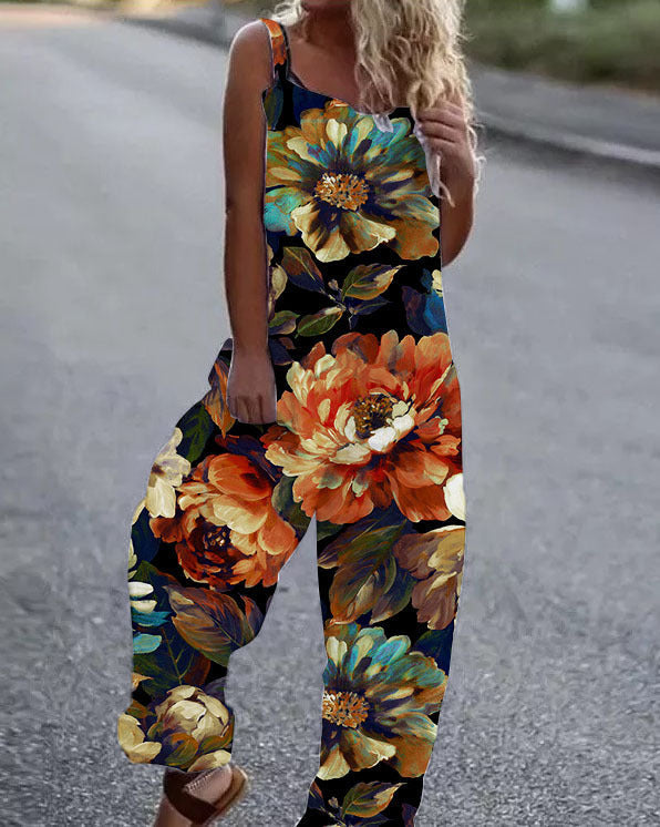 Valenzora | Large floral pattern lightweight fabric dungarees