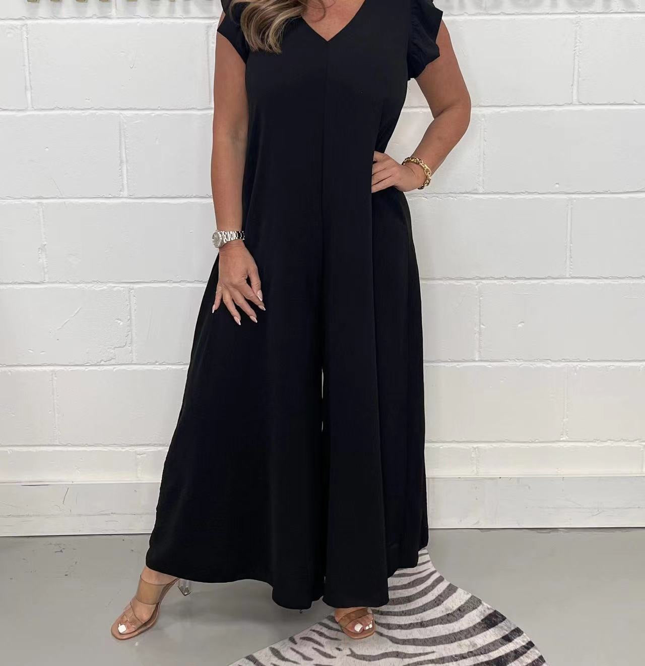 Exklusiver Damen-Jumpsuit mit voluminösen Rüschenärmeln und V-Ausschnitt, Größe S