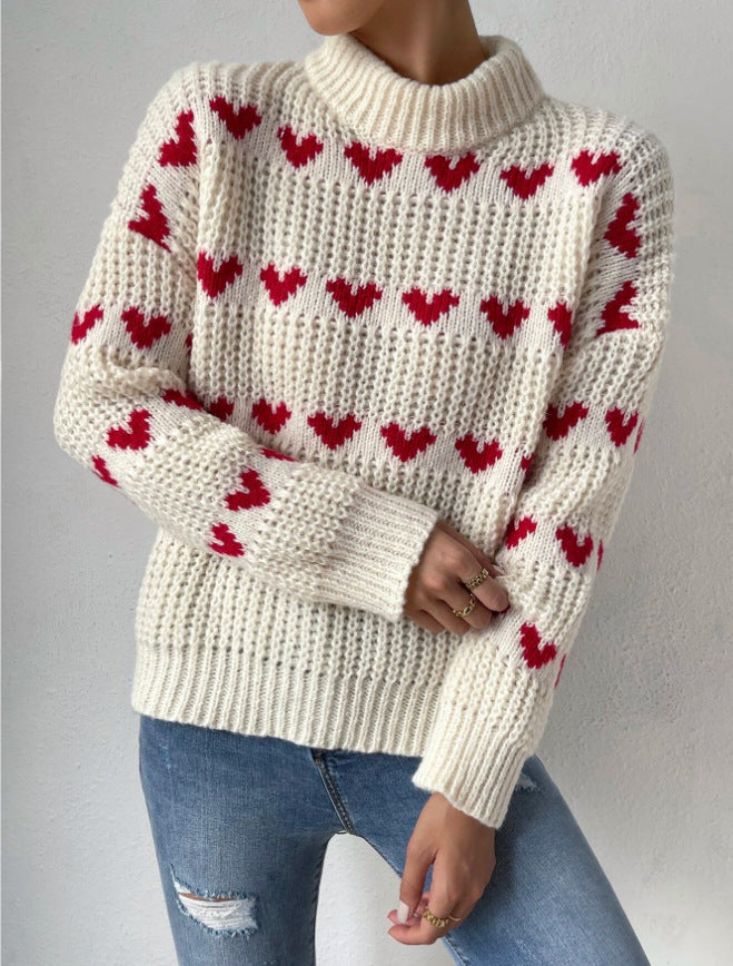 Valenzora Halbhoher Kragen Locker sitzender Love-Heart Jacquard-Strickpullover