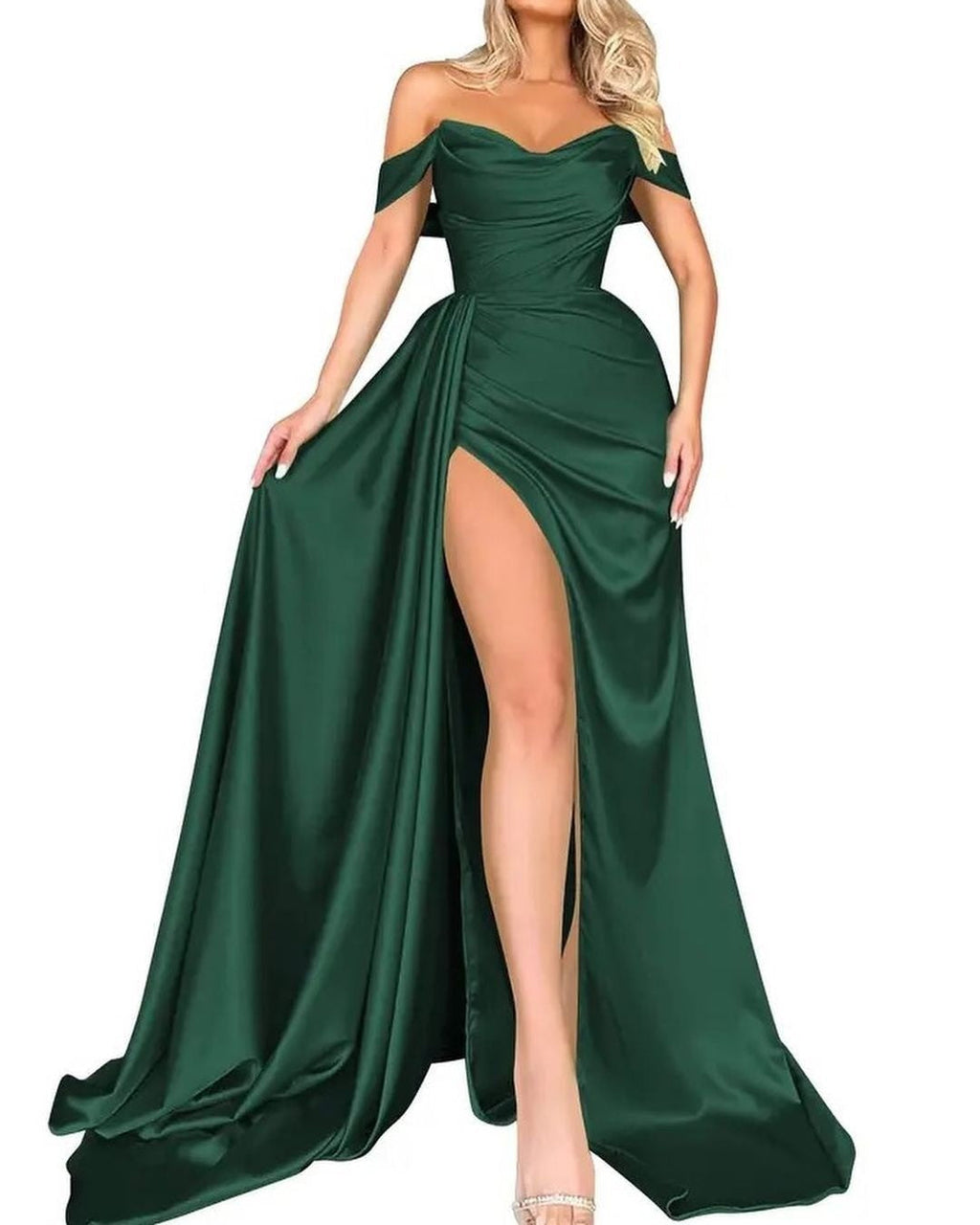 Women's off-the-shoulder evening dress with high leg slit and voluminous skirt, size [size missing]
