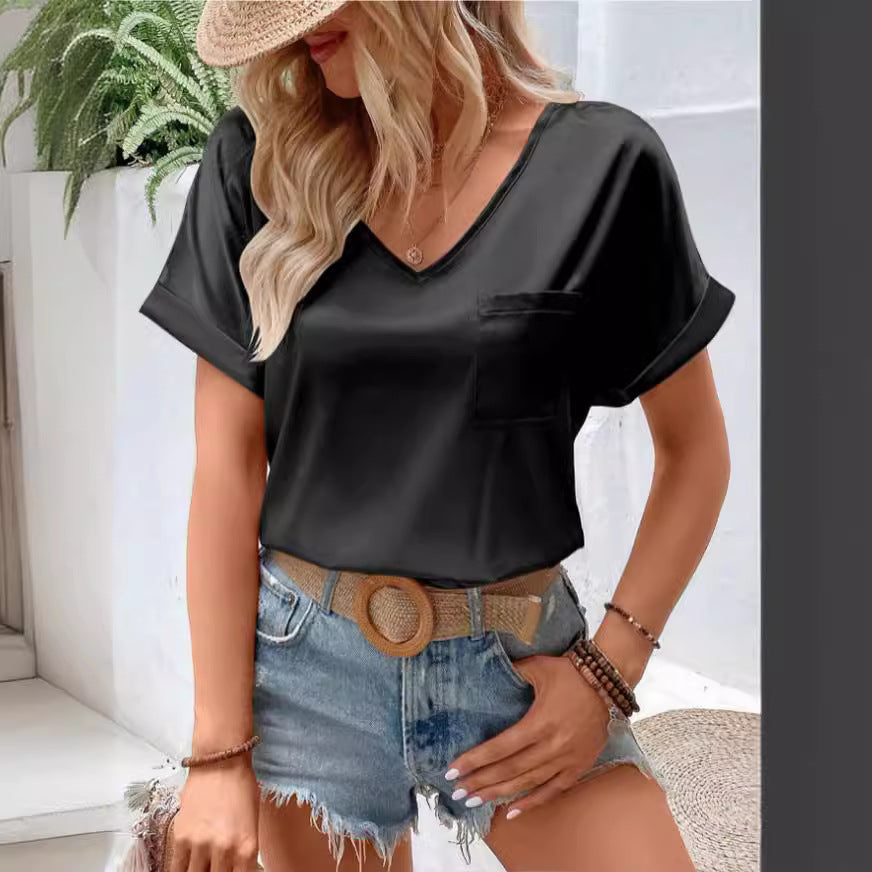 Damen-Satin-T-Shirt mit V-Ausschnitt, Brusttasche und lässiger Passform, Größe