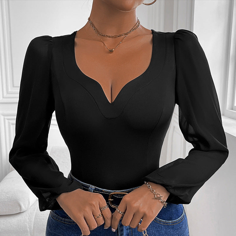 Women's bodysuit with deep V-neck and transparent puff sleeves, size