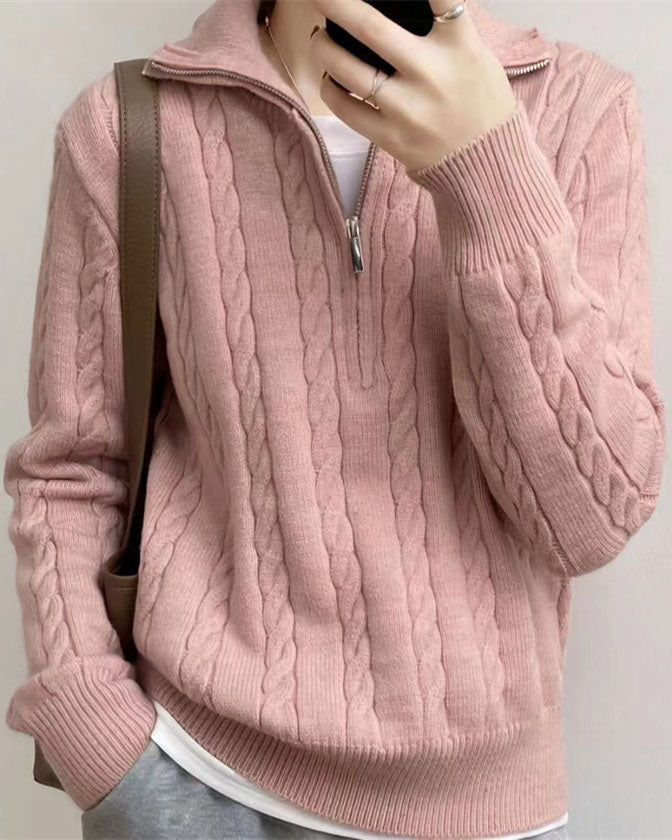Valenzora Vintage Rollkragen-Reißverschluss-Twist-Strickpullover