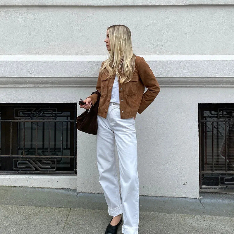 Women's classic suede jacket with patch pockets and sporty cut, size