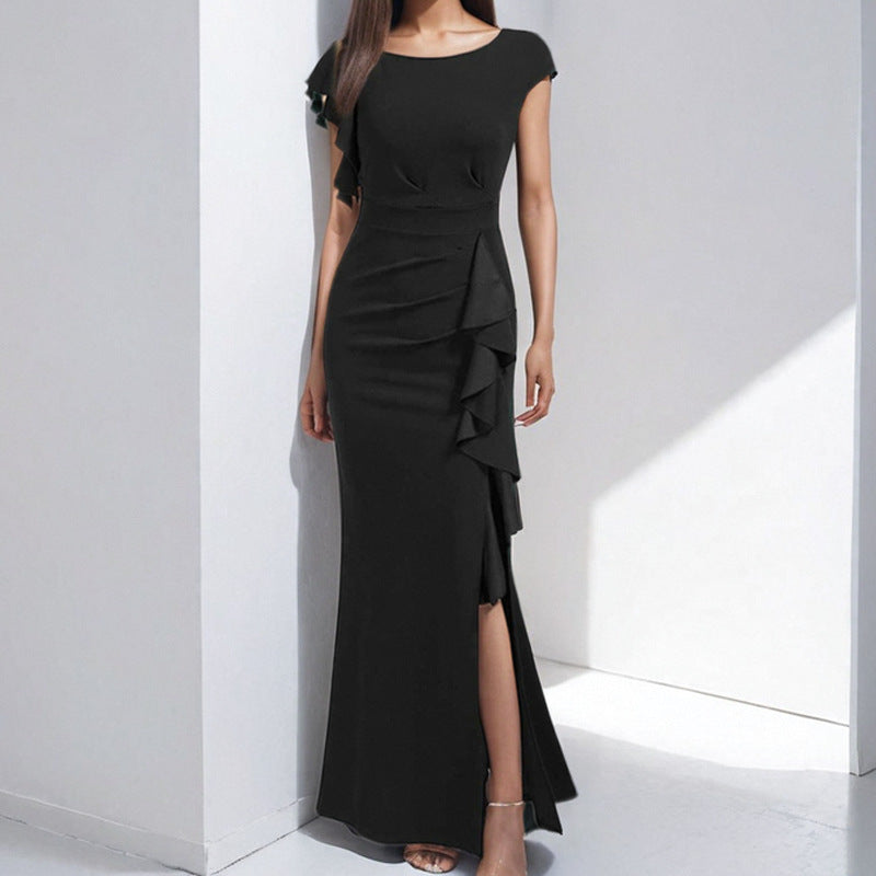 Women's sheath dress with asymmetrical ruffles and high slit, size [size]