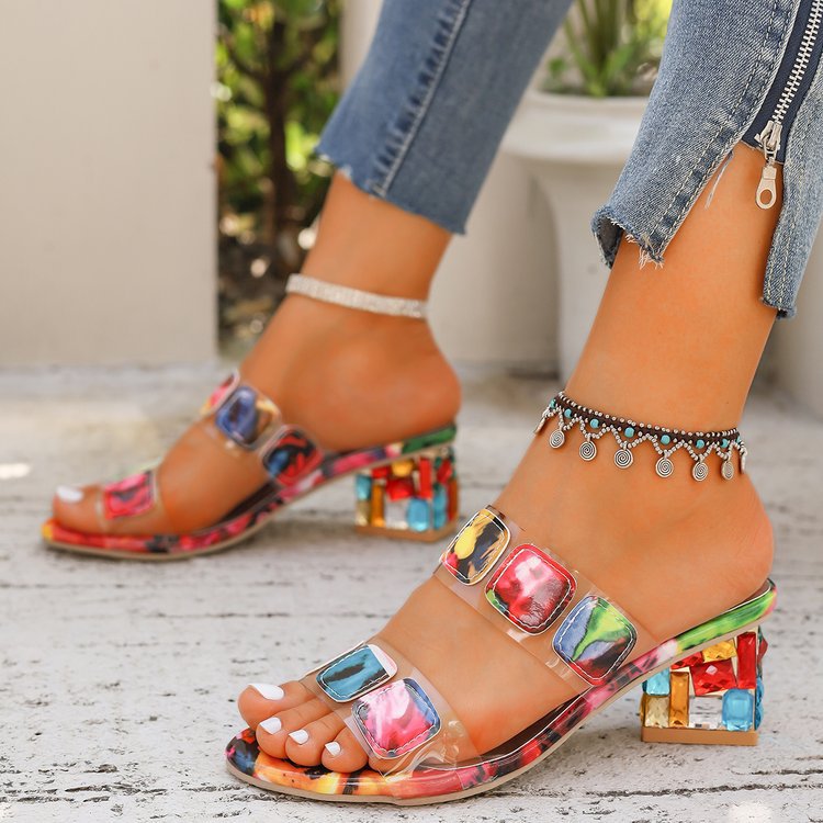 Women's transparent sandals with colorful, geometric accents, size S