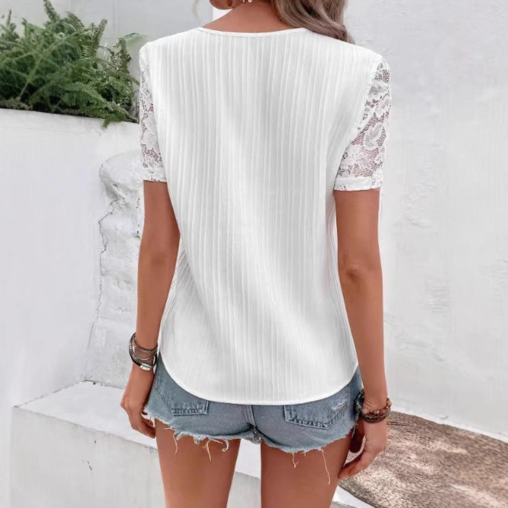 Women's blouse with lace trim and decorative buttons, size
