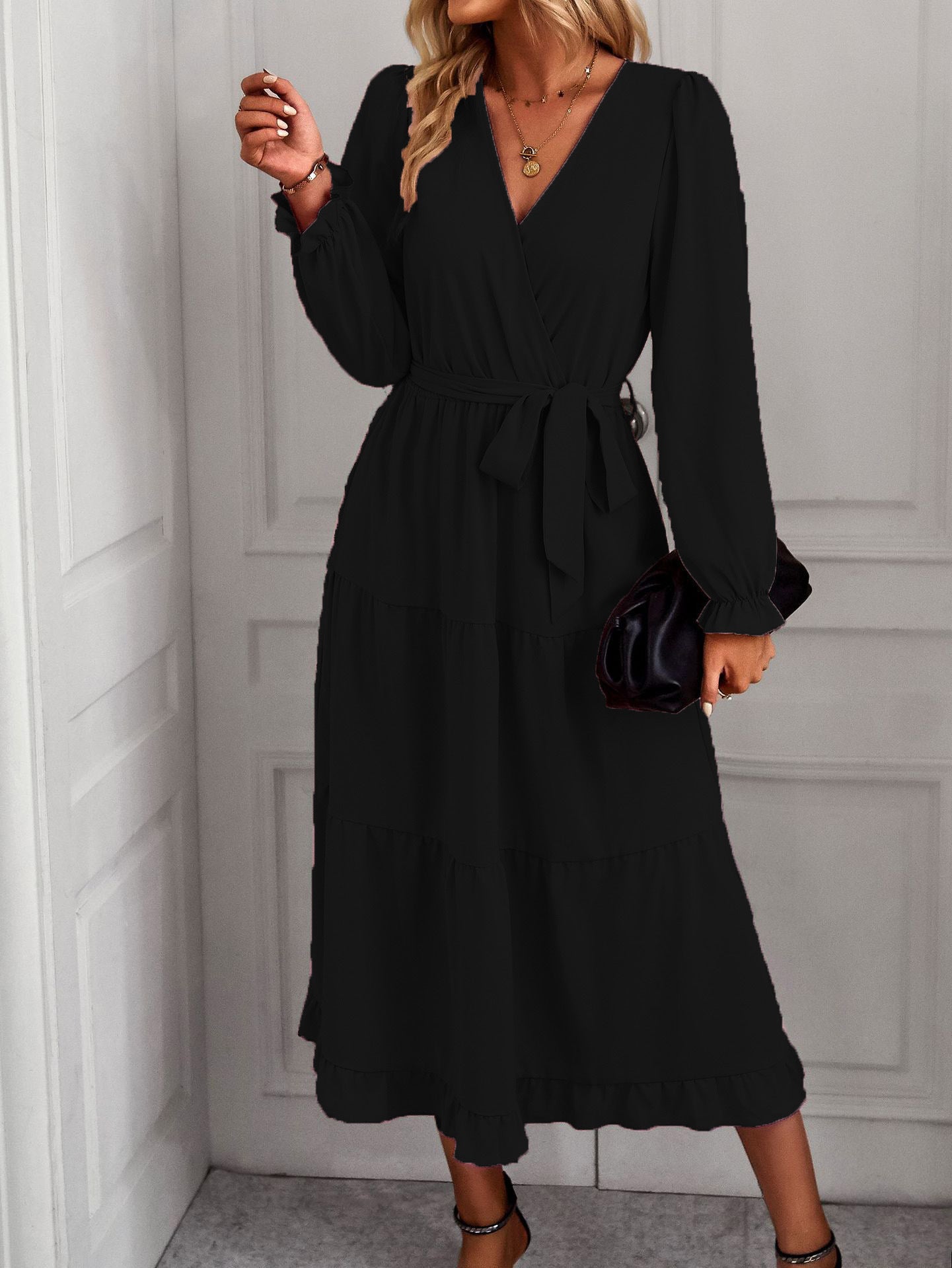 Damen-Wickelkleid mit Rüschendetails und eleganten Puffärmeln, Größe [Größe fehlt]