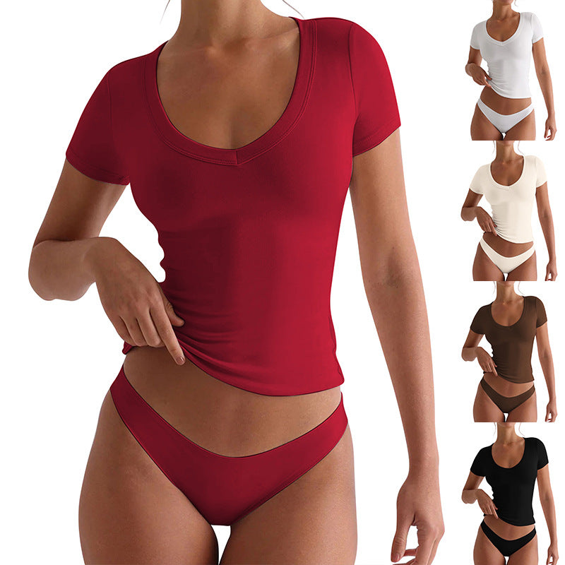 Tailliertes Damen-V-Neck-T-Shirt mit kurzen Ärmeln, Größe