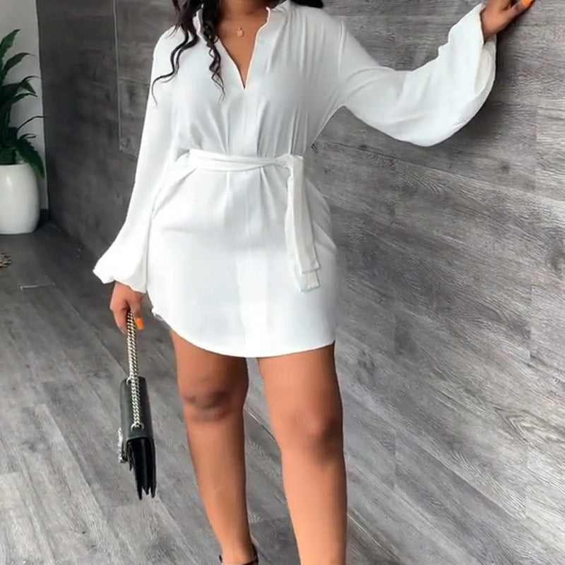 Ladies' shirt dress with elegant waist belt and balloon sleeves Drune