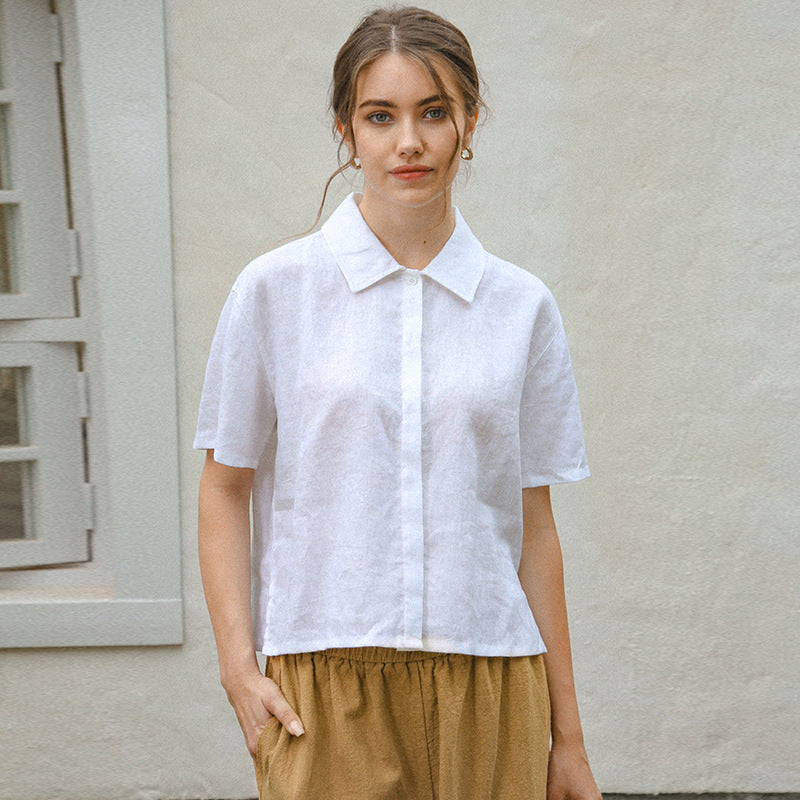 Kurzärmelige Leinenbluse für Damen mit klassischem Kragen und entspannter Passform, Größe [Größe fehlt]