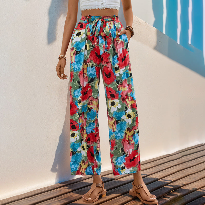 Damen-Sommerhose mit weitem Bein, farbenfrohem Blumenmuster und elastischem Bund, Größe [Größe fehlt]