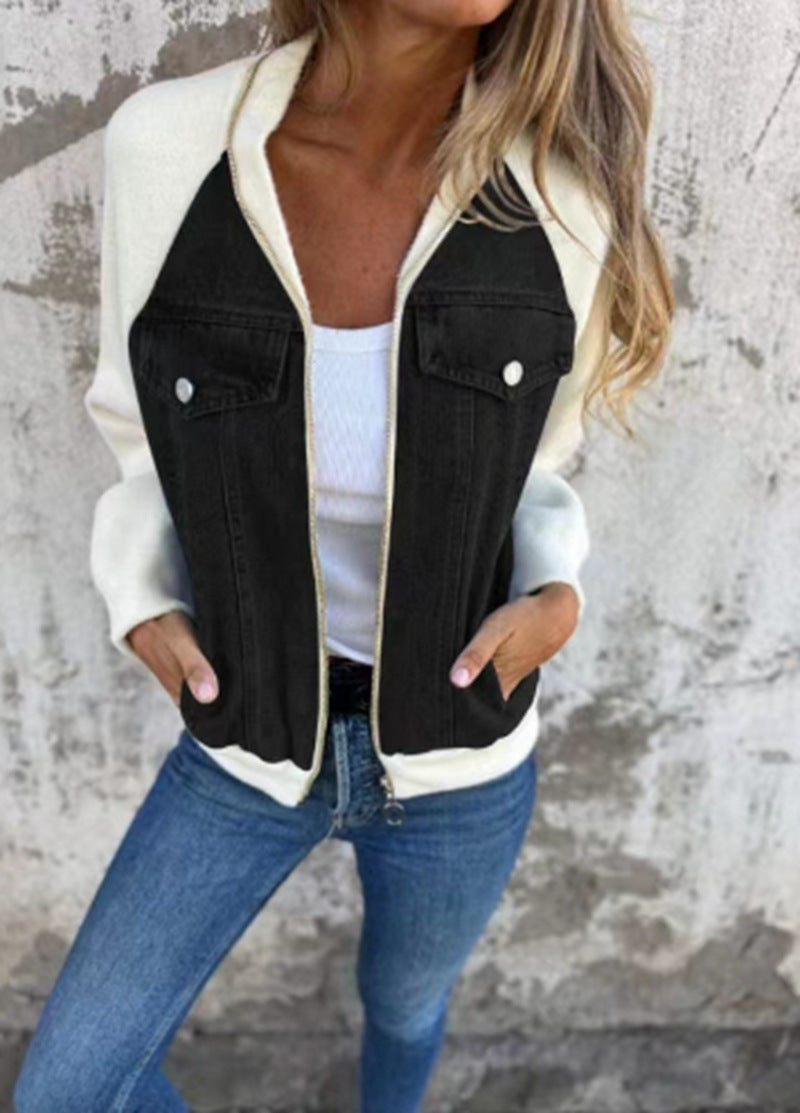 Damen-Jeansjacke mit kontrastierenden Ärmeln und praktischen Taschen, Größe S
