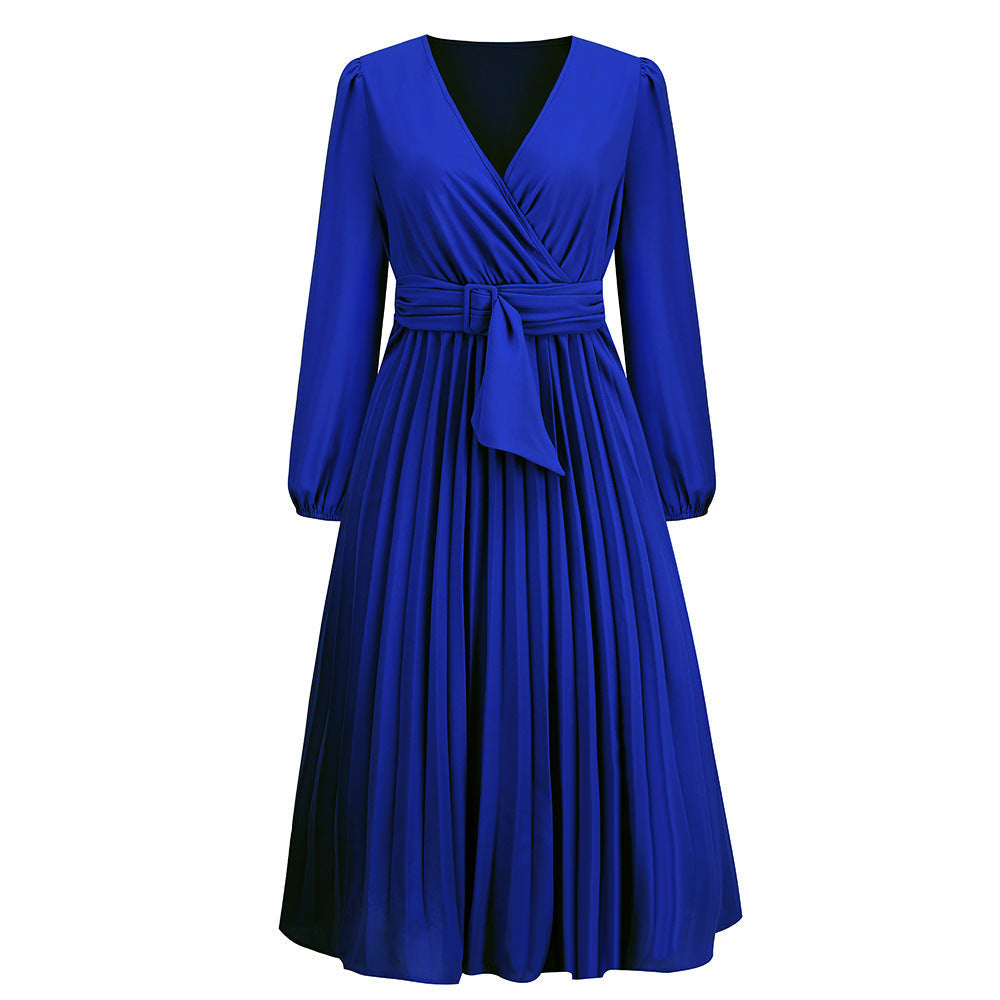 Women's wrap dress with pleated design and elegant waist belt, size