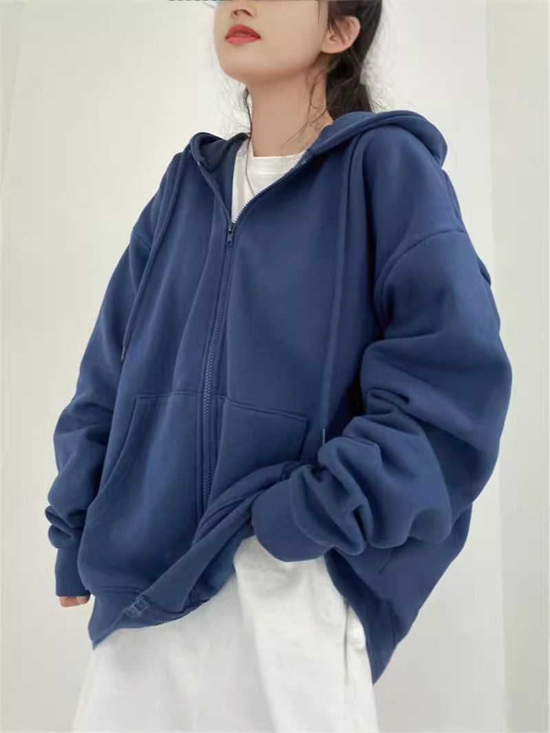 Valenzora Reißverschluss Übergroße Unifarbene Kapuzenjacke mit Taschen, Lange Ärmel, Lockere Baseball-Jacke