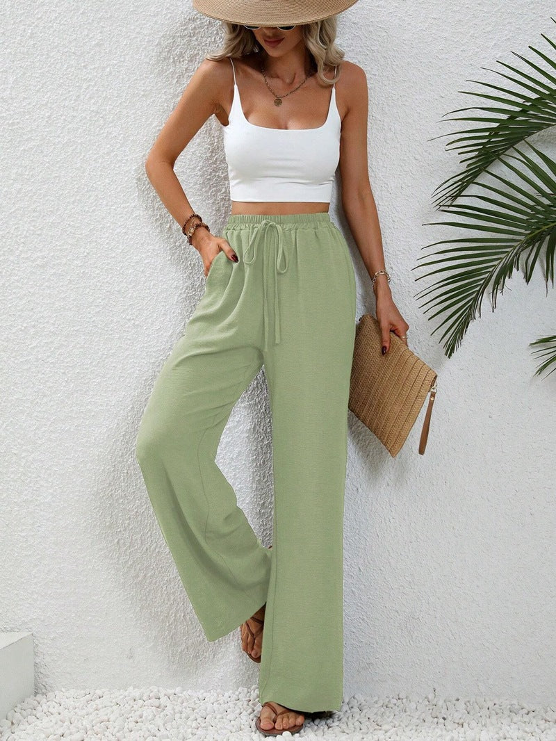 Women's elegant wide-leg trousers made from a lightweight cotton blend with elasticated waistband, size [size missing]