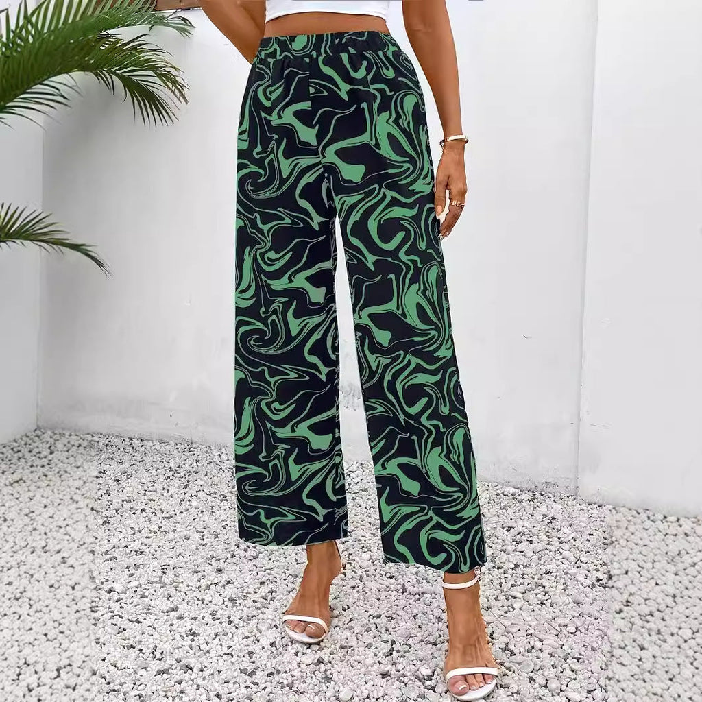 Damen-Palazzohose mit weitem Bein, modernem Marmordruck und elastischem Bund, Größe S