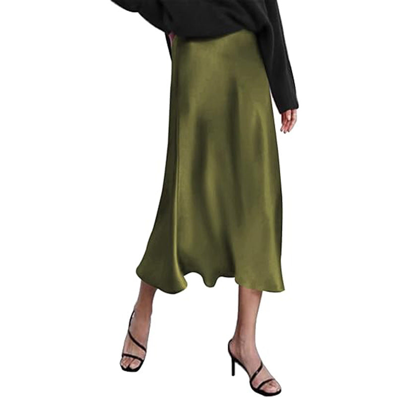 Women's elegant midi skirt in satin viscose with a flowing drape, size Valenzora