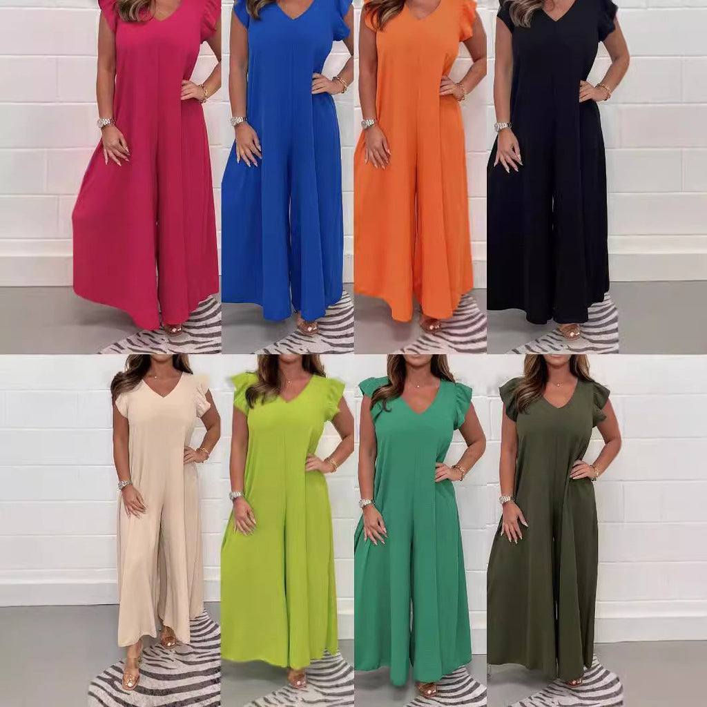 Exklusiver Damen-Jumpsuit mit voluminösen Rüschenärmeln und V-Ausschnitt, Größe S