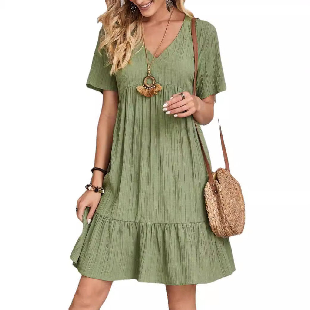 Damen Freizeitkleid mit voluminösem Saum und V-Ausschnitt, Größe