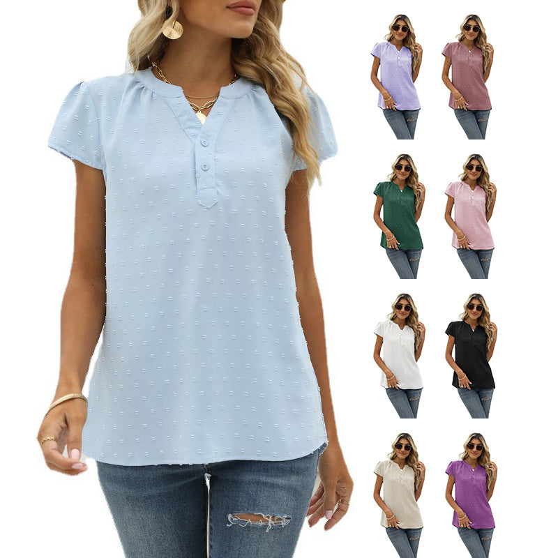 Valenzora | Jacquard-Chiffon Loose Fit V-Ausschnitt Kurzarm-Oberteil