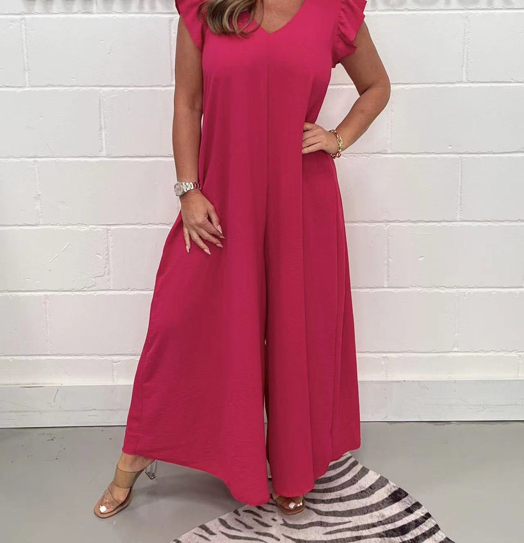 Exklusiver Damen-Jumpsuit mit voluminösen Rüschenärmeln und V-Ausschnitt, Größe S