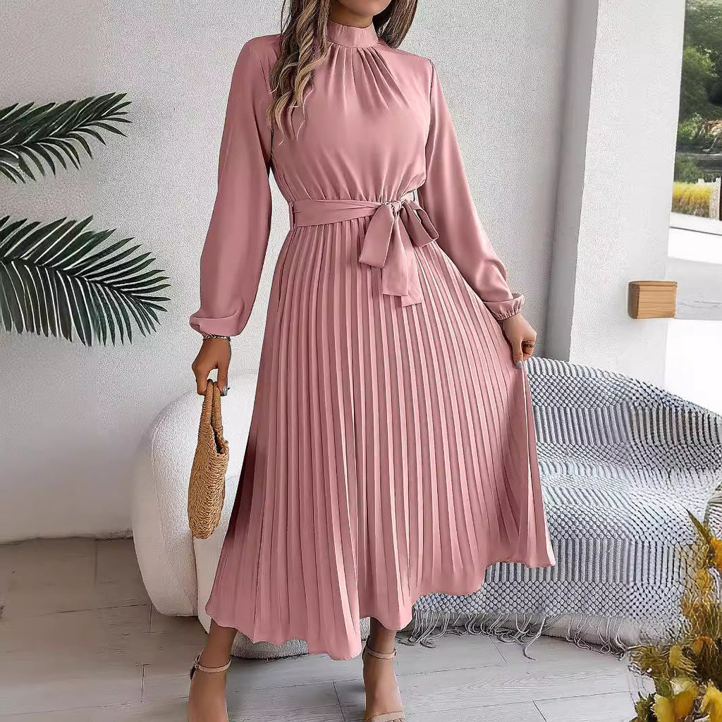 Valenzora | Elegant stand-up collar tailored pleated long skirt little dress