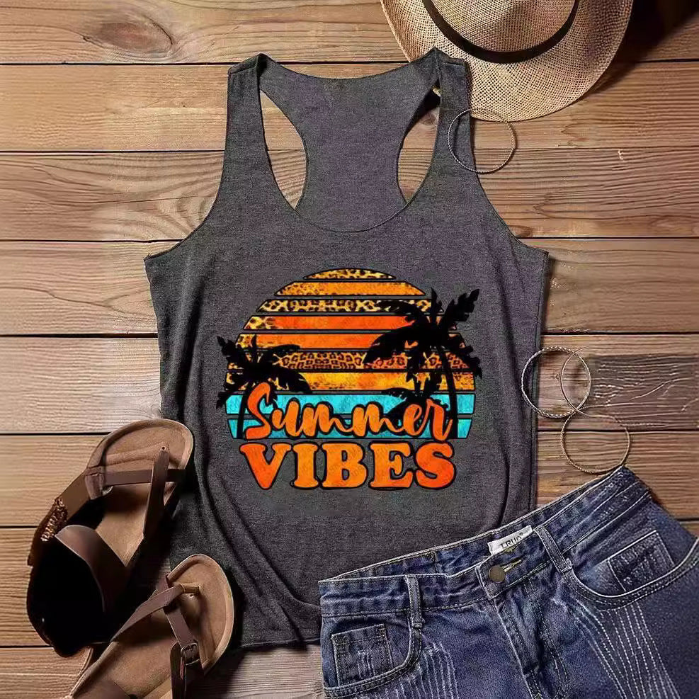 Women's sleeveless graphic top with trendy insect motif, size
