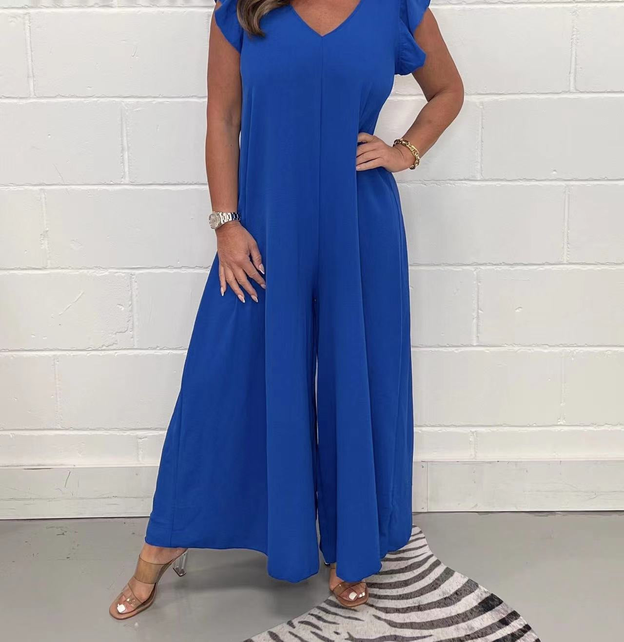 Exklusiver Damen-Jumpsuit mit voluminösen Rüschenärmeln und V-Ausschnitt, Größe S