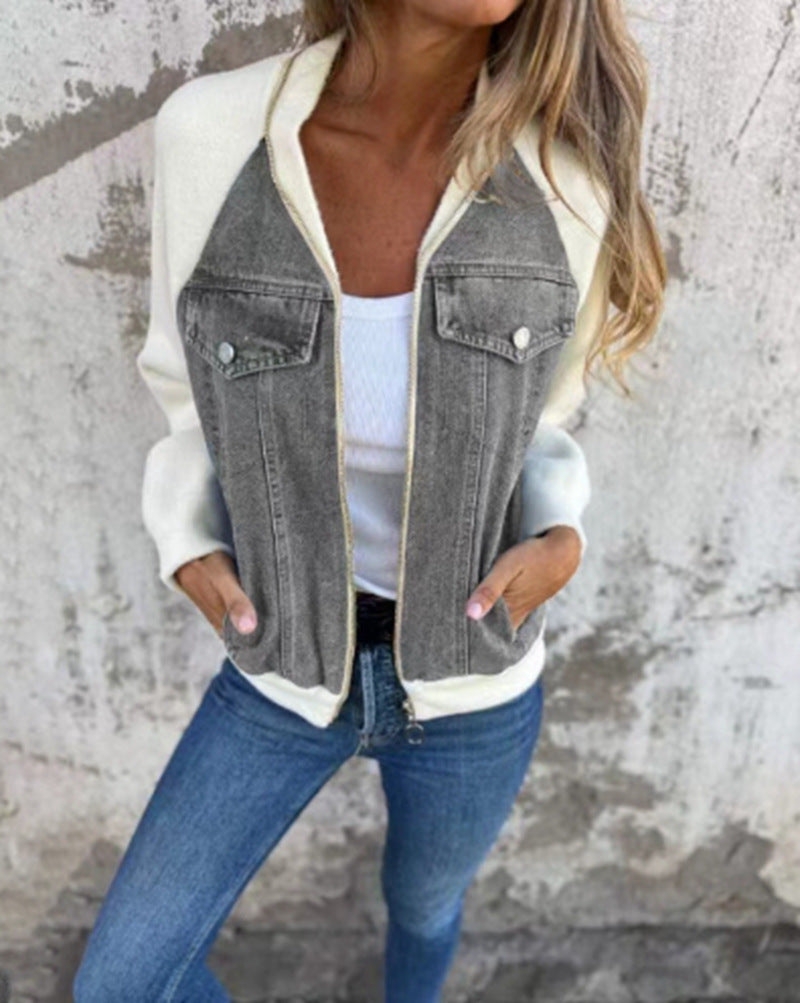 Damen-Jeansjacke mit kontrastierenden Ärmeln und praktischen Taschen, Größe S