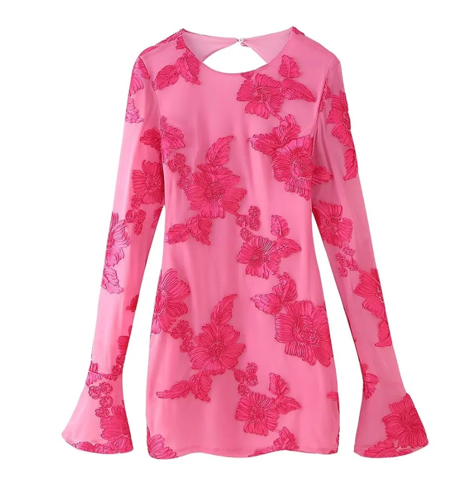 Women's elegant floral chiffon top with long sleeves, size