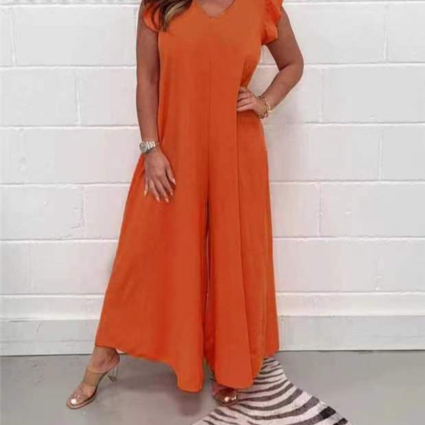 Exklusiver Damen-Jumpsuit mit voluminösen Rüschenärmeln und V-Ausschnitt, Größe S