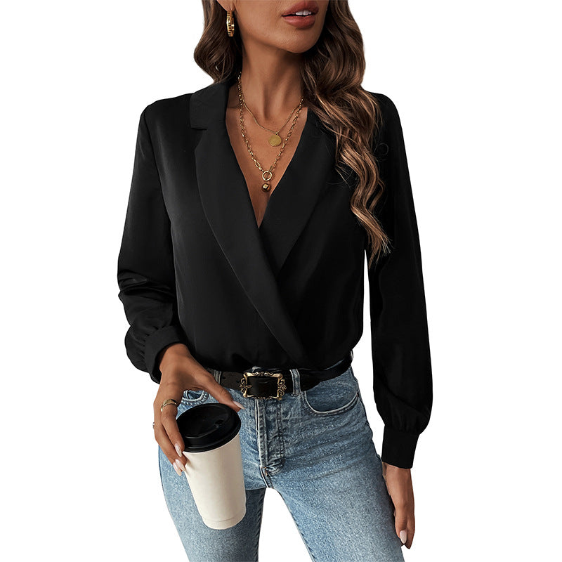 Women's bodysuit-style blouse with elegant wrap design, size