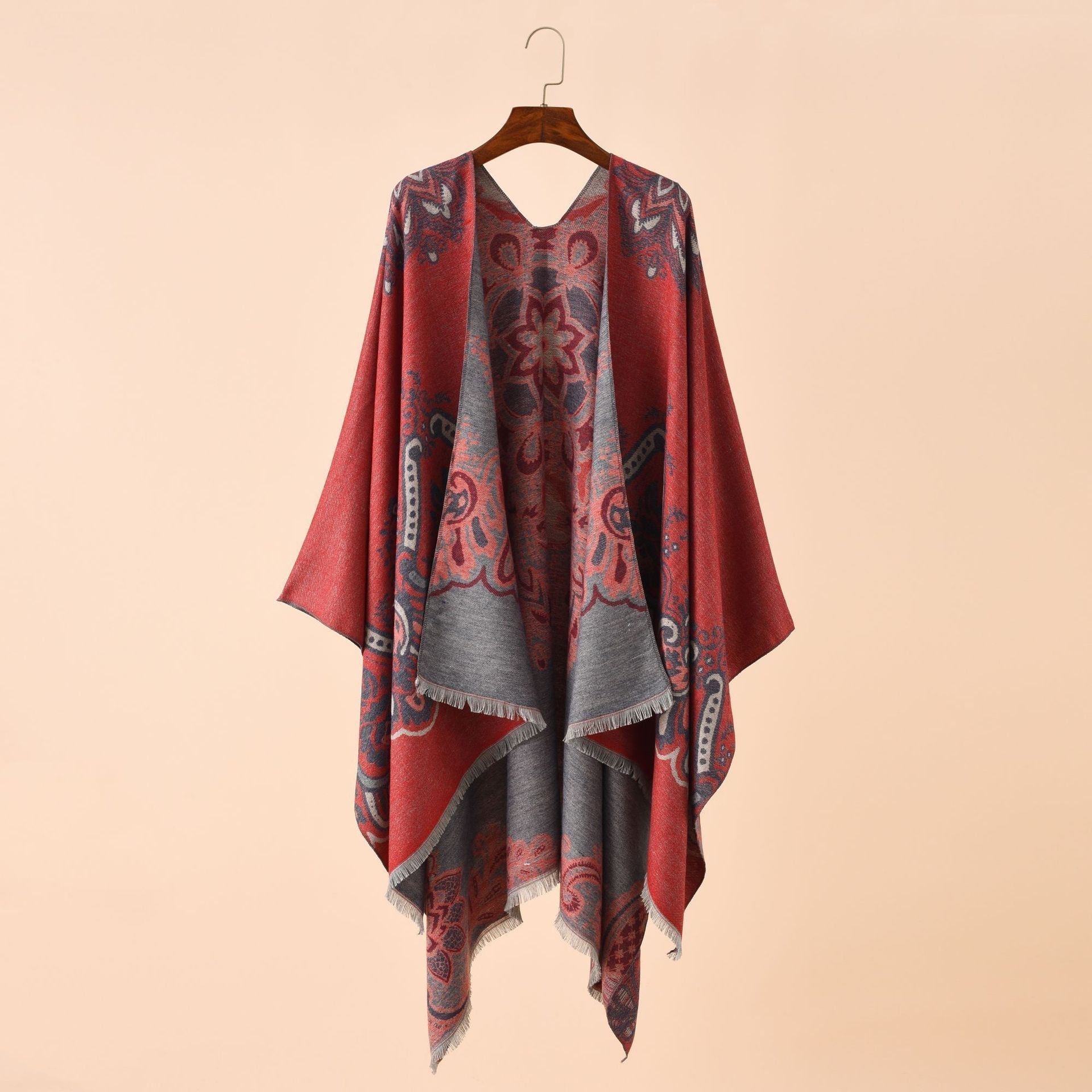 Women's Elegant Kimono Poncho with Artful Pattern and Fringed Edges Valenzora