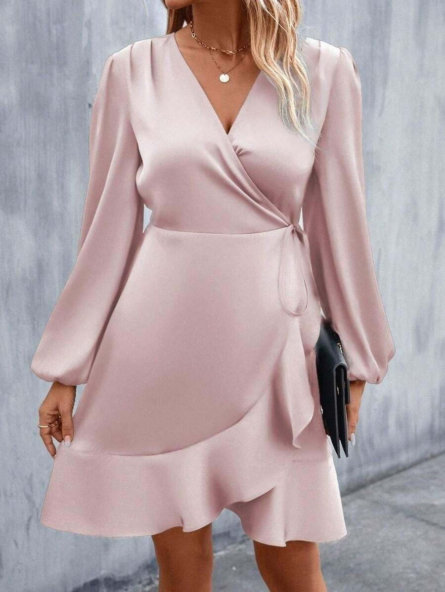 Valenzora | V-Ausschnitt-Kleid, Satin, tailliert, tiefer Ausschnitt, lässiges Midikleid, süße Damenbekleidung