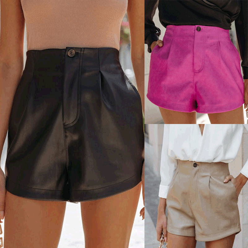 Women's high-waisted shorts in soft faux leather with pleats, size