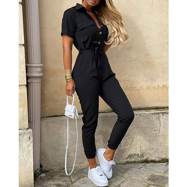 Women's figure-hugging short jumpsuit with button placket and adjustable belt, size S