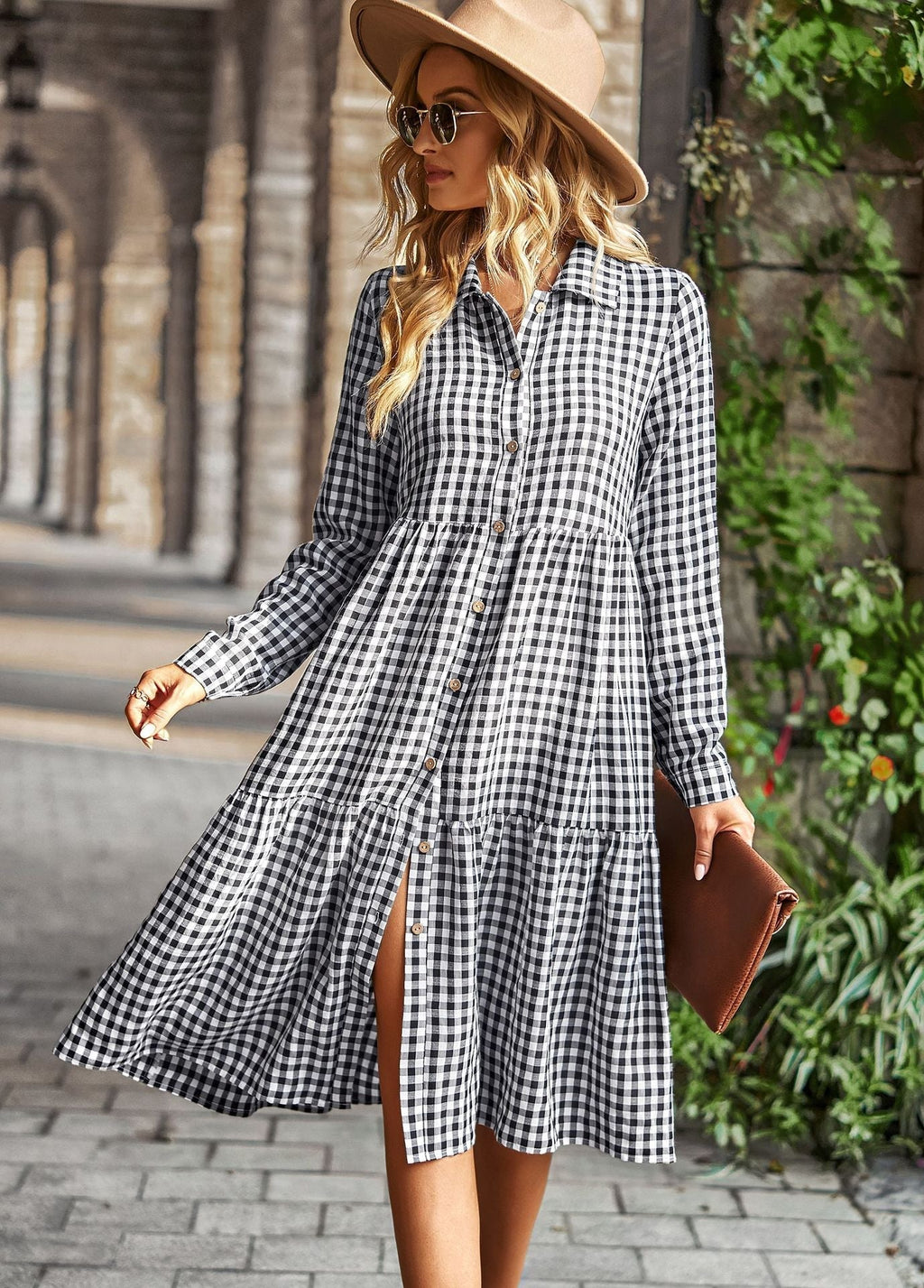 Women's checked midi blouse with button placket and flared skirt, size Valenzora