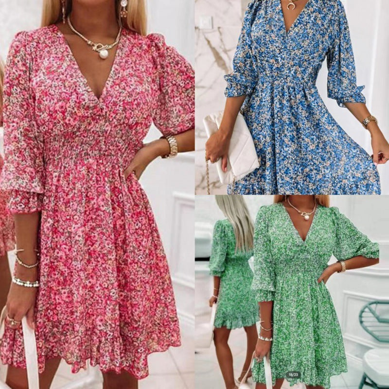 Damen Blusenkleid im romantischen Floral-Design mit V-Ausschnitt und Rüschenärmeln Drune