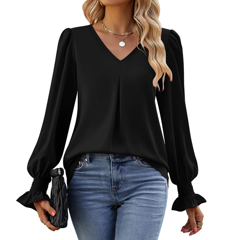 Valenzora | Solid color V-neck top with puff sleeves and long sleeves