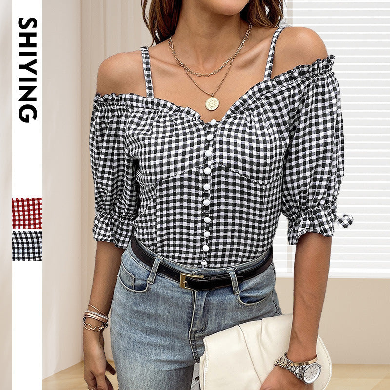Damen Carmenbluse mit Rüschendetails und Karomuster, Größe [size missing]
